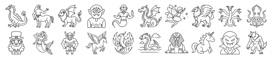 Diverse Mythological Creatures and Fantasy Beasts Outline Vector Icon Set