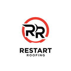 Strong and bold initial RR monogram logo design template vector for construction, repair, contractor, and roofing services with a dynamic red circle and modern typography