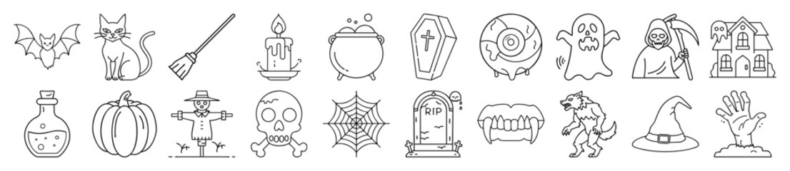 Spooky Halloween and Horror Outline Vector Icon Set for Decorations