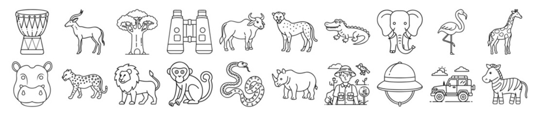 African Safari Wildlife and Adventure Outline Vector Icon Set