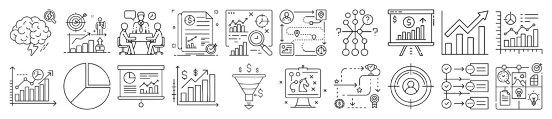 Business Analytics, Data Visualization, and Marketing Strategy Outline Vector Icon Set - representing business analytics, data visualization, marketing strategies, and financial performance
