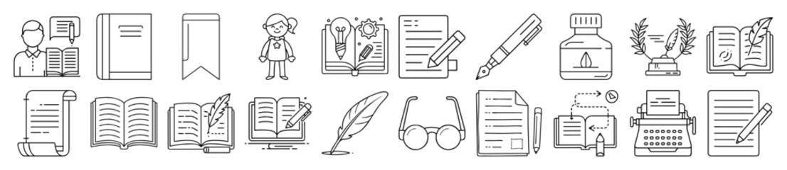 Literature, Writing, and Classic Education Outline Vector Icon Set - representing literature, writing, storytelling, and classic education. Ideal for authors, publishers, libraries, and educational