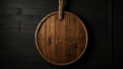 Fototapeta premium A rustic, circular wooden cutting board suspended by a rope against a dark wood background.