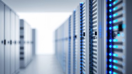 Server room featuring rows of server racks, with blue LED lights.