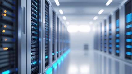 Inside a modern data center, showcasing rows of server racks and technology.