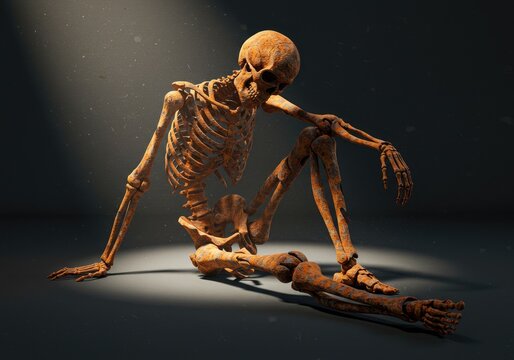  3D full-body skeleton in dynamic pose, high-resolution Octane render with dark background.
