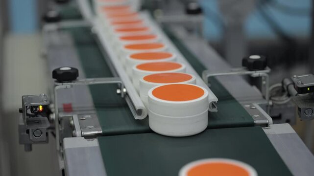 Orange-capped plastic jars with cosmetic cream traveling in a row on an automated conveyor belt in a factory setting, illustrating packaging process in industrial production.