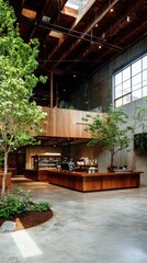 Modern Coffee Shop Interior Design, Minimalist Aesthetic, Urban Setting, Photography, Bright Environment, Wide Angle View, Contemporary Concept