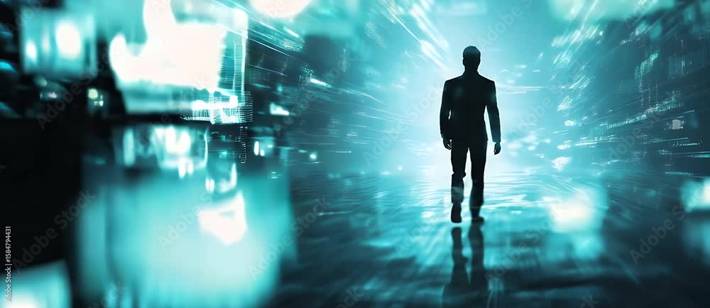 Poster silhouette of a person walking towards bright future with data streams and digital displays in a vib