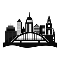 Iconic cityscape silhouette featuring a majestic bridge spanning a river with diverse architectural styles under a clear sky