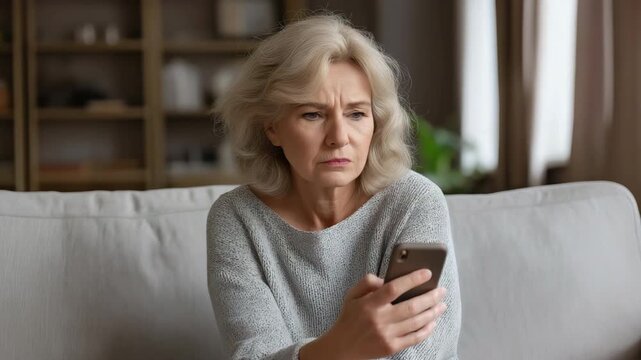 unhappy elderly woman sitting on a couch with a smartphone feels worried and agitated after receiving distressing news via SMS, dealing with personal or family issues, or misinterpreting messages.