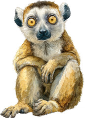 Fototapeta premium Cute baby brown lemur sitting with big yellow eyes isolated on transparent background