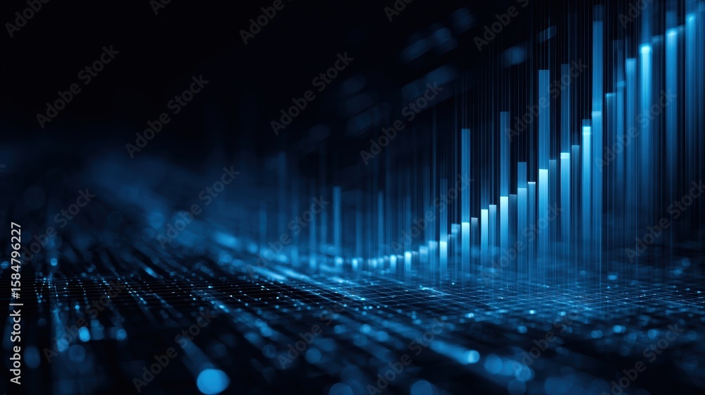 Poster abstract blue data visualization with glowing bars representing statistics and analytics over a dark