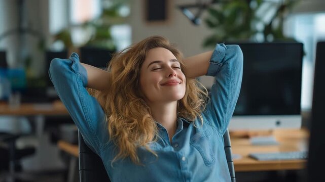 young lady project manager Take a time to procrastinate after completing a demanding task at work by relaxing in a comfortable chair, placing your hands behind your head