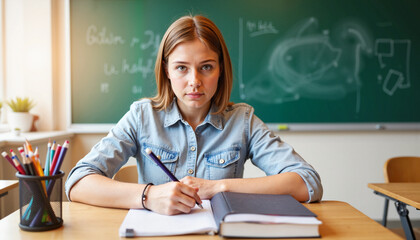 Focused young student writing at desk during morning class, education
