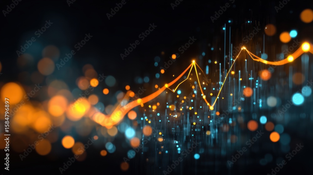 Poster abstract data visualization with glowing lines and dots representing growth trends and analytics in 