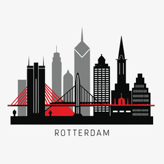 Modern Rotterdam skyline silhouette featuring the iconic Erasmus bridge and diverse architectural styles against a clean white background