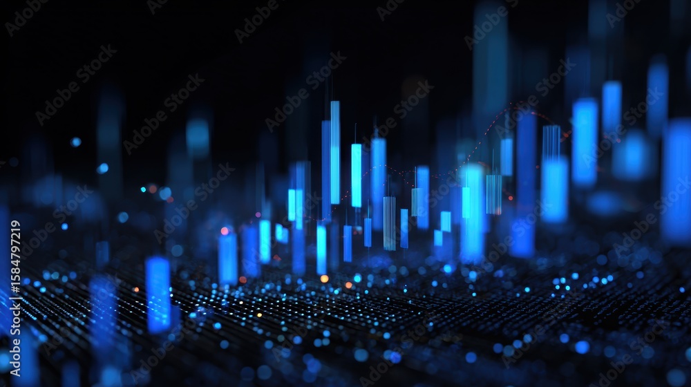 Poster abstract digital data visualization with glowing blue bars and particles representing analytics and 