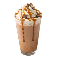 Full chocolate caramel sea salt milkshake on white background with toppings in focus