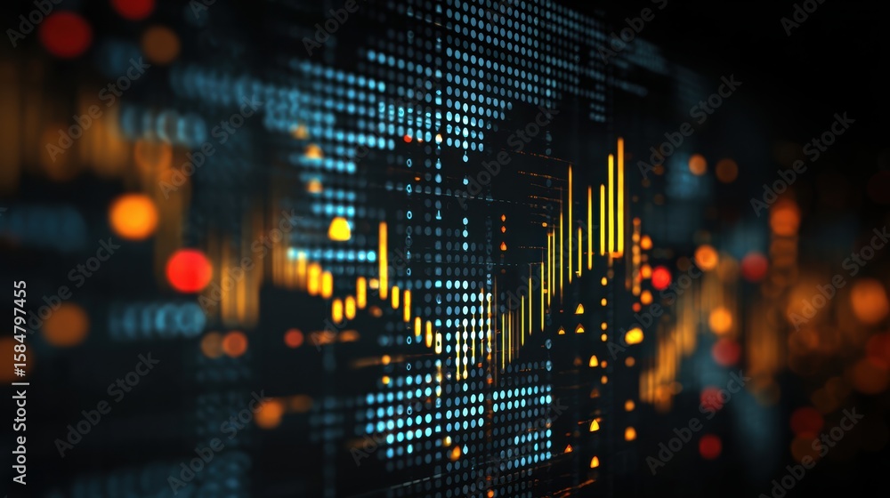 Poster abstract digital financial data visualization with colorful graphs and charts representing stock mar