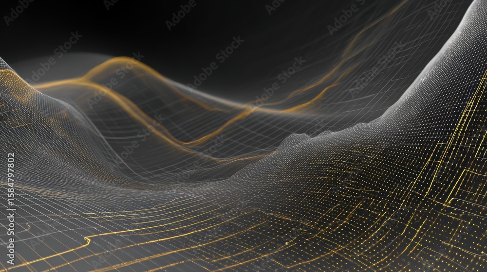Poster abstract digital landscape with flowing lines and illuminated grids in a mesmerizing wave pattern.