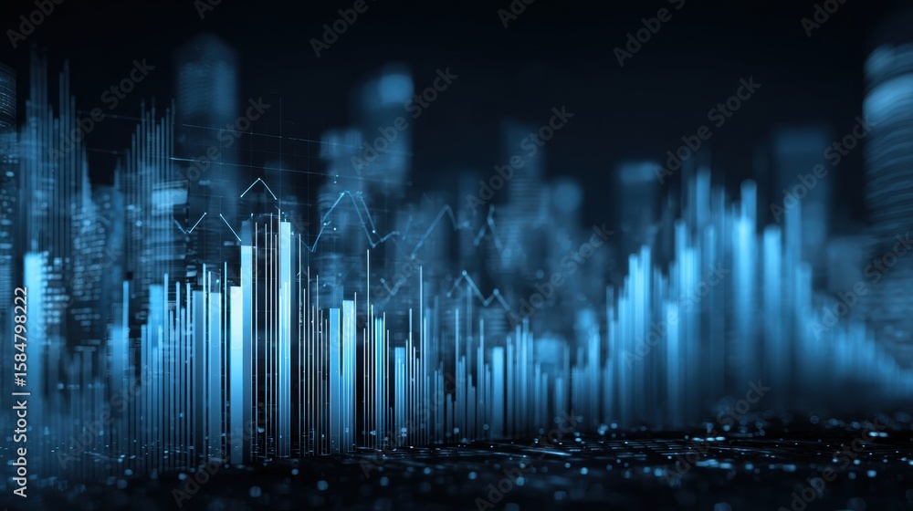 Aufkleber abstract financial data visualization with blue gradient and futuristic skyline background.