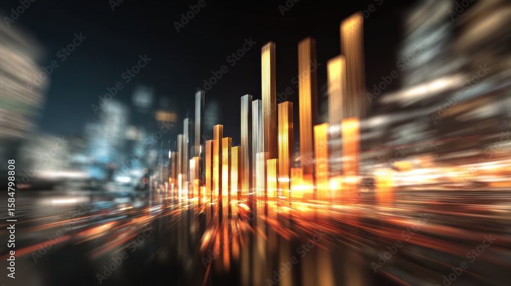 Poster abstract representation of business growth and progress with glowing bar graphs against a blurred ci