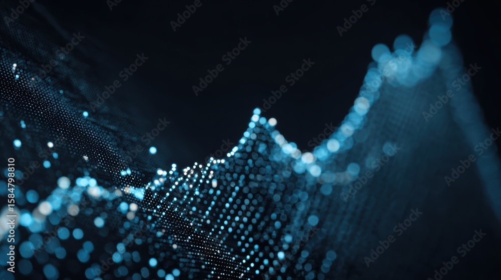 Poster abstract representation of digital data flow with glowing blue particles creating wave-like structur