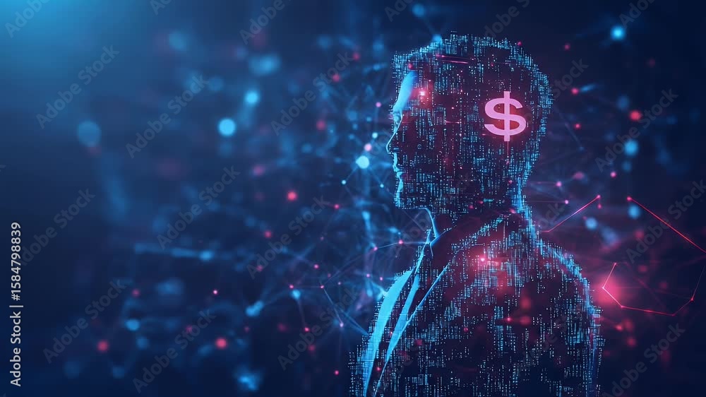Poster silhouette of a pixelated person with a dollar sign glowing in their head surrounded by a network of