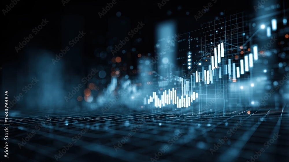 Poster abstract representation of digital financial data displayed as glowing charts and graphs on a dark b