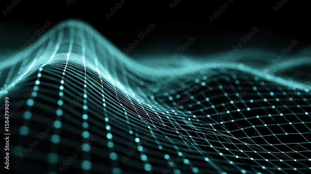Poster abstract visual representation of digital waves with glowing grid pattern showcasing technology and 