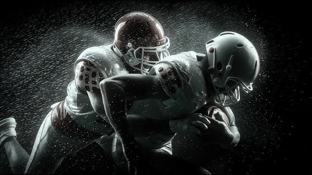 Two American football players collide in a dramatic tackle under stadium lights with rain spraying through the air.