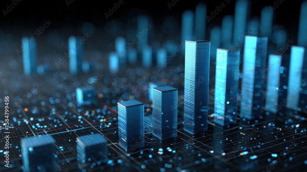 Poster an abstract representation of data visualization with blue bars depicting growth and analysis in a d
