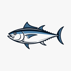 Obraz premium Illustration of a tuna fish in profile, featuring blue and white coloring with black outlines, isolated on a white background.
