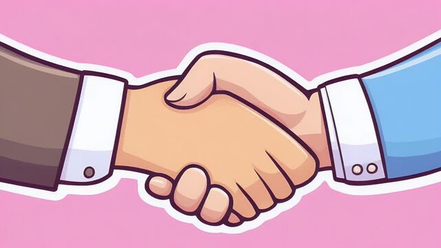 Pixelated illustration of two hands clasped together against a pink backdrop symbolizing agreement and collaboration