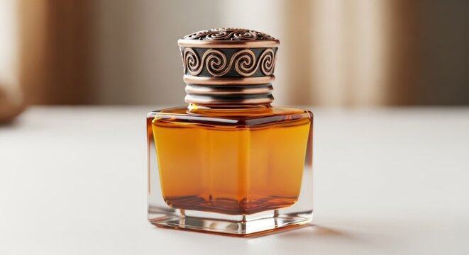 Elegant golden elixir inside decorative glass vessel on white surface