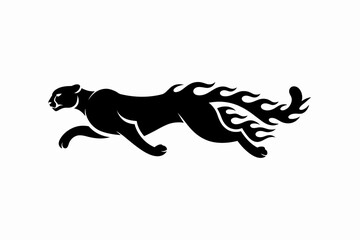Obraz premium Black panther silhouette running with flames emanating from its body on a white background.