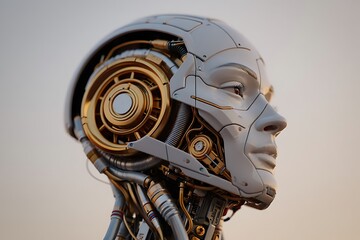 Fototapeta premium Side view of a futuristic cyborg head with detailed mechanical parts and realistic sci-fi design.