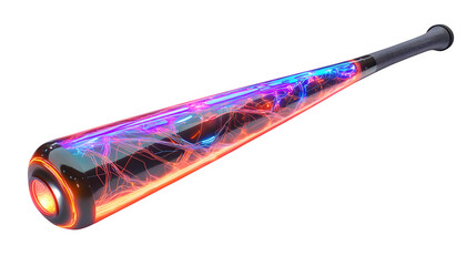 Cyberpunk baseball bat made of neon tubes and carbon fiber, glowing energy coursing through it, intricate wiring visible, slight motion blur effect, ultra HD, isolated on Transparent Background