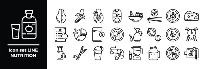 Icons Set Line Nutrition. Containing Healthy Element with Nutritional Food and Drink.