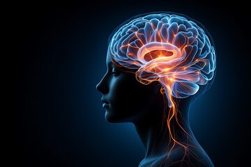 Obraz premium Digital brain hologram with glowing neural network, ideal for AI, deep learning, and future tech concepts.
