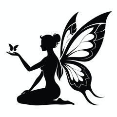 Enchanting silhouette of a fairy with butterfly wings gently interacting with a delicate butterfly on her hand