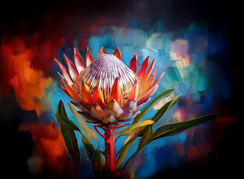 Vibrant king protea flower in full bloom, set against a dramatic, colorful abstract background.  The rich hues and painterly style create a striking image.