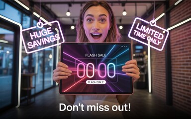 Black Friday, Excited woman promoting flash sale on tablet with neon signs, "Huge Savings" and "Limited Time Only"