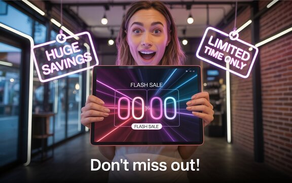 Black Friday, Excited woman promoting flash sale on tablet with neon signs, "Huge Savings" and "Limited Time Only"