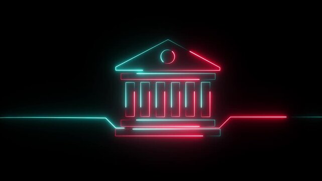 Neon glowing bank building icon animation on black background Futuristic neon bank building with dollar icon. Financial growth and dollar coin icon isolated on black background. Increasing revenue.