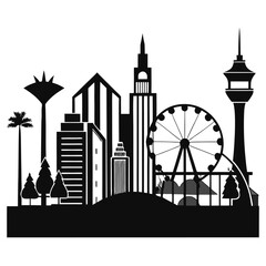 Fototapeta premium A stylized black and white silhouette of a vibrant city skyline featuring iconic landmarks like a Ferris wheel and tall skyscrapers evoking a sense of urban energy and entertainment