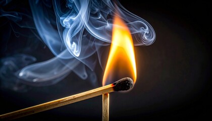 A lit matchstick with swirling smoke against a dark background. The image showcases the flame, the wood, and the ethereal smoke trails.