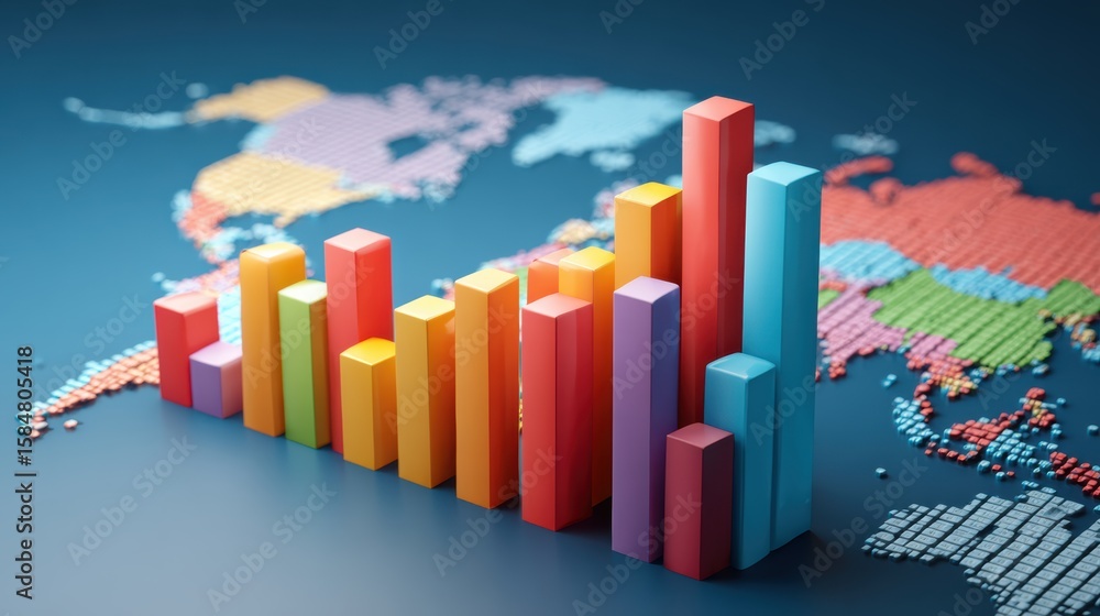 Poster colorful bar graph rising over a world map, illustrating growth and data trends in global markets an