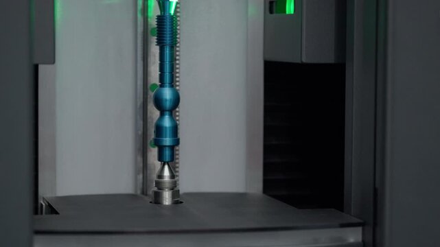 High-tech CNC machinery component with green laser for alignment or calibration, showcasing precision engineering in automated manufacturing environment